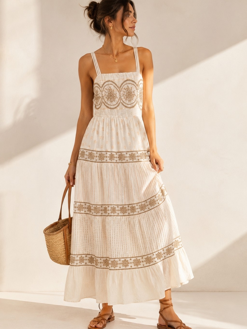 Naoo Ivory Gold Maxi Dress Smocked Eyelet  Sleeveless Cottagecore Summer XL